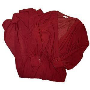 BALTIC BORN 1X Celine Maxi Dress Wine Red Sheer Chiffon Slits V-Neck Long Sleeve